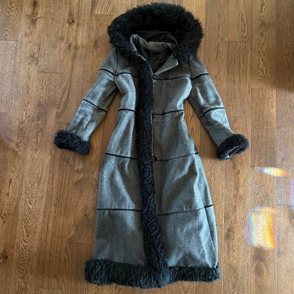 Vintage Grey Wool Faux Fur Trim Maxi Coat Dramatic Hooded Statement Piece